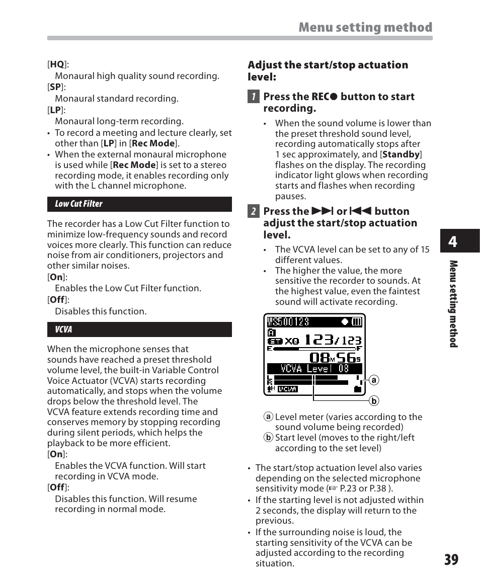 Menu setting method | Olympus WS-500M User Manual | Page 39 / 72