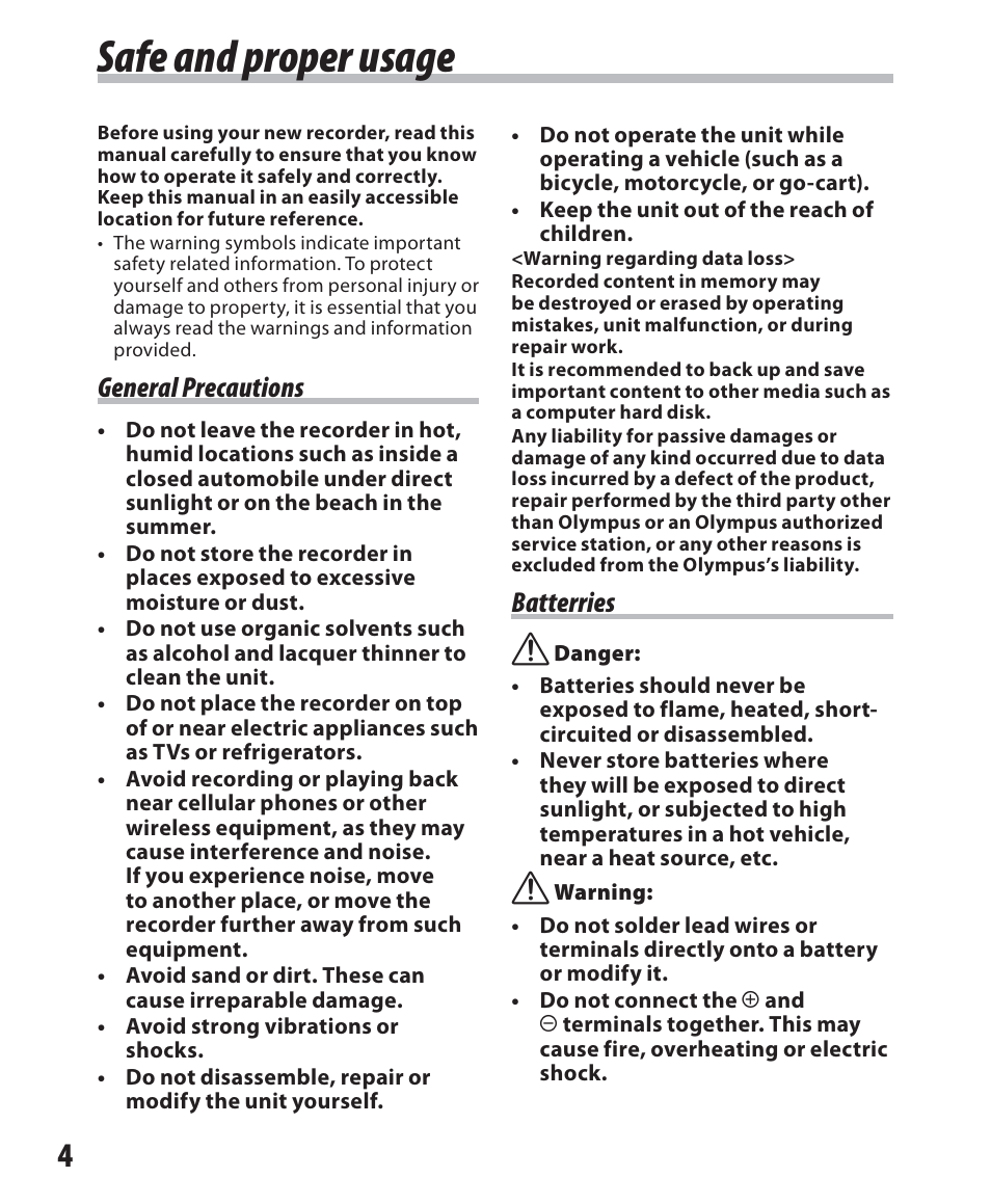 Safe and proper usage, General precautions, Batterries | Olympus WS-500M User Manual | Page 4 / 72