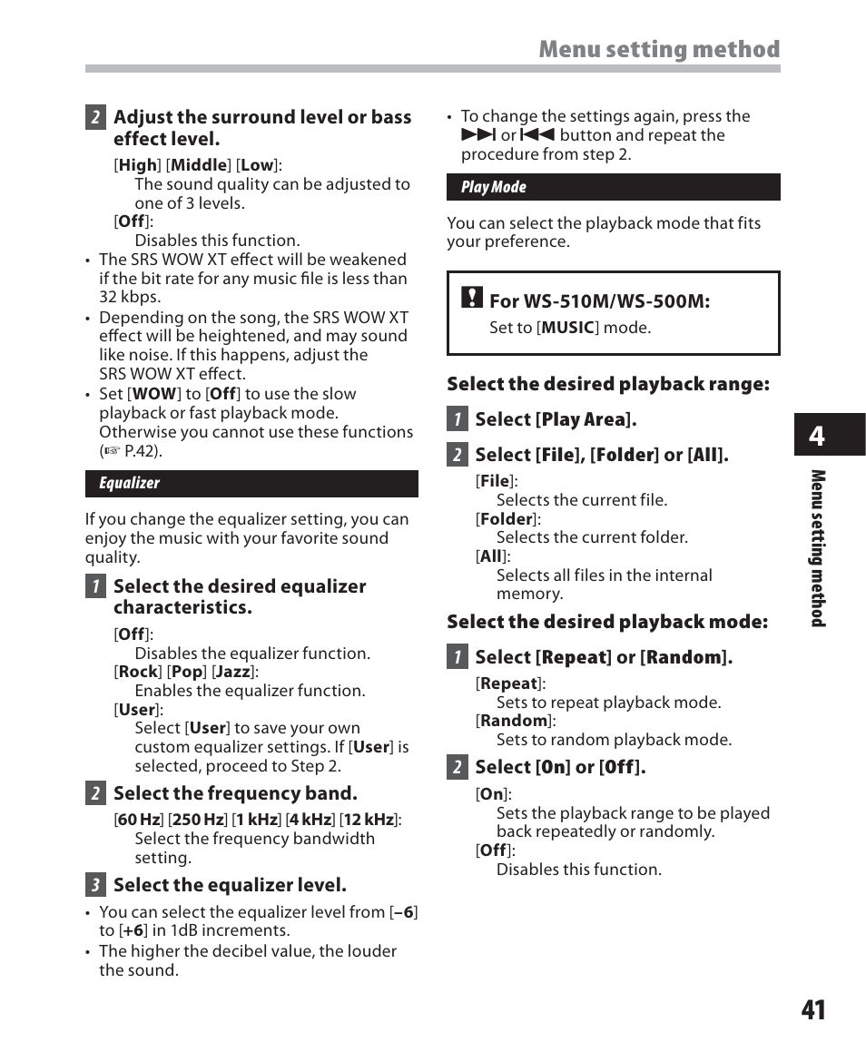 Menu setting method | Olympus WS-500M User Manual | Page 41 / 72