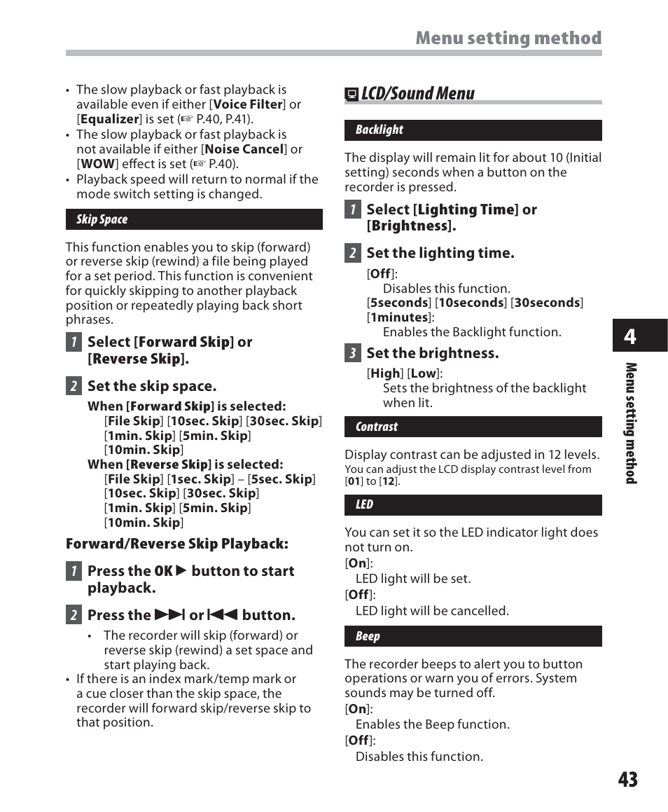 Menu setting method, Lcd/sound menu | Olympus WS-500M User Manual | Page 43 / 72