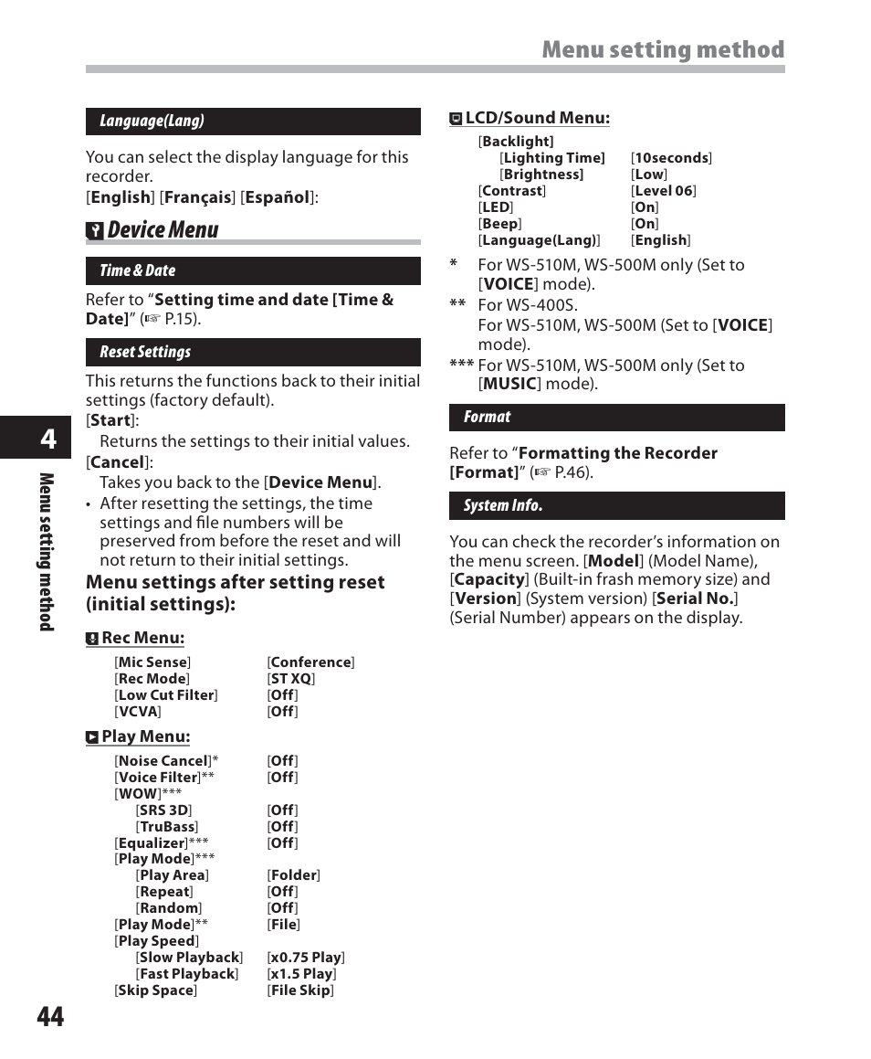 Menu setting method, Device menu | Olympus WS-500M User Manual | Page 44 / 72