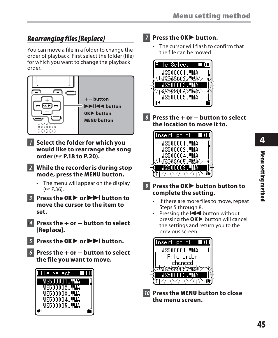 Menu setting method, Rearranging files [replace | Olympus WS-500M User Manual | Page 45 / 72