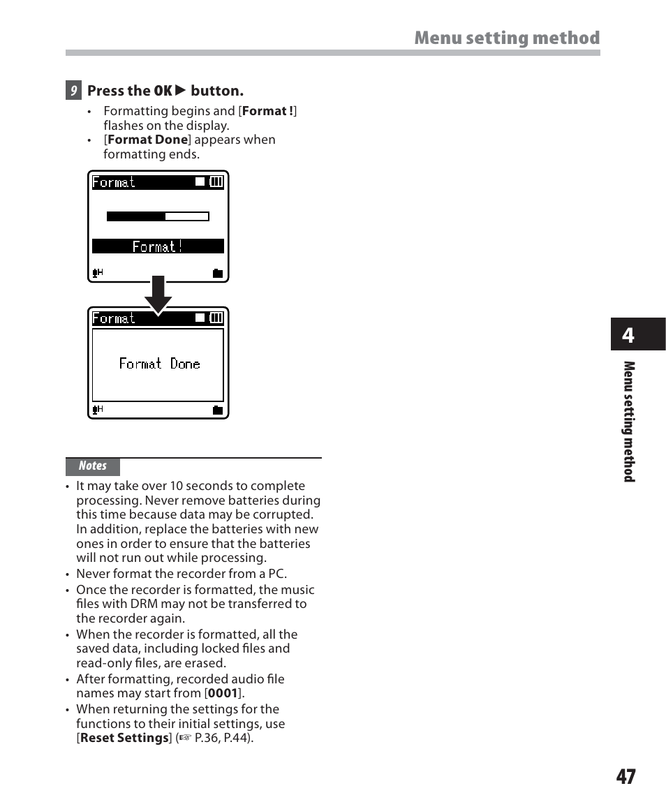 Menu setting method | Olympus WS-500M User Manual | Page 47 / 72