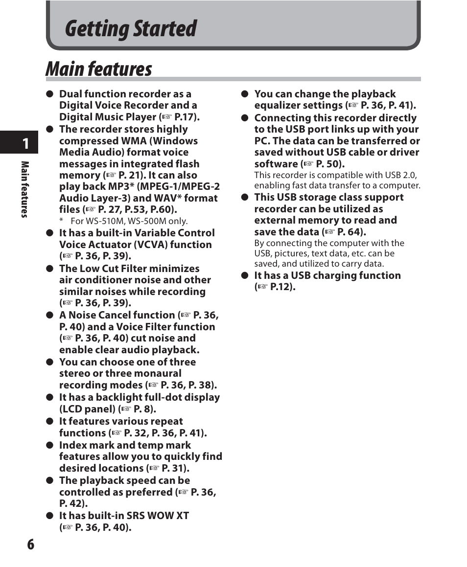 Getting started, Main features | Olympus WS-500M User Manual | Page 6 / 72