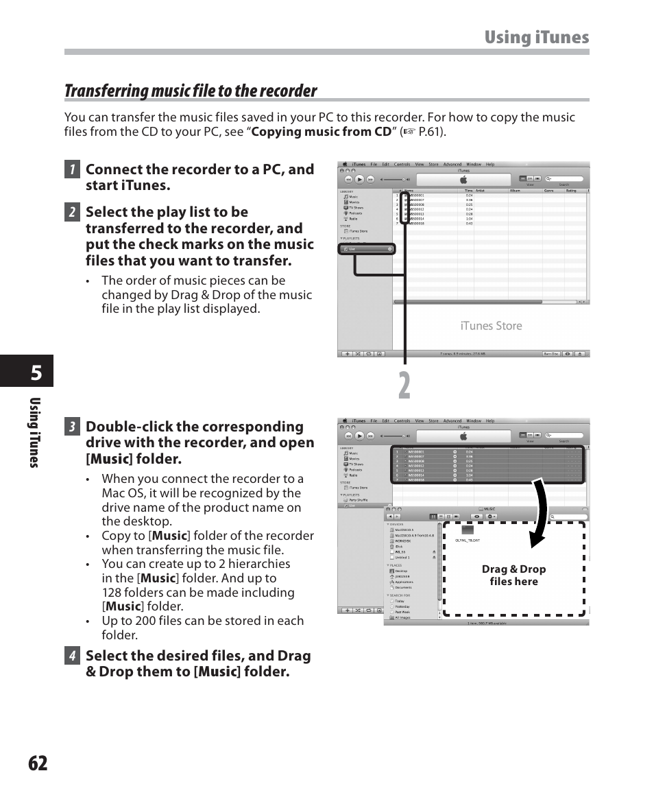 Using itunes, Transferring music file to the recorder | Olympus WS-500M User Manual | Page 62 / 72