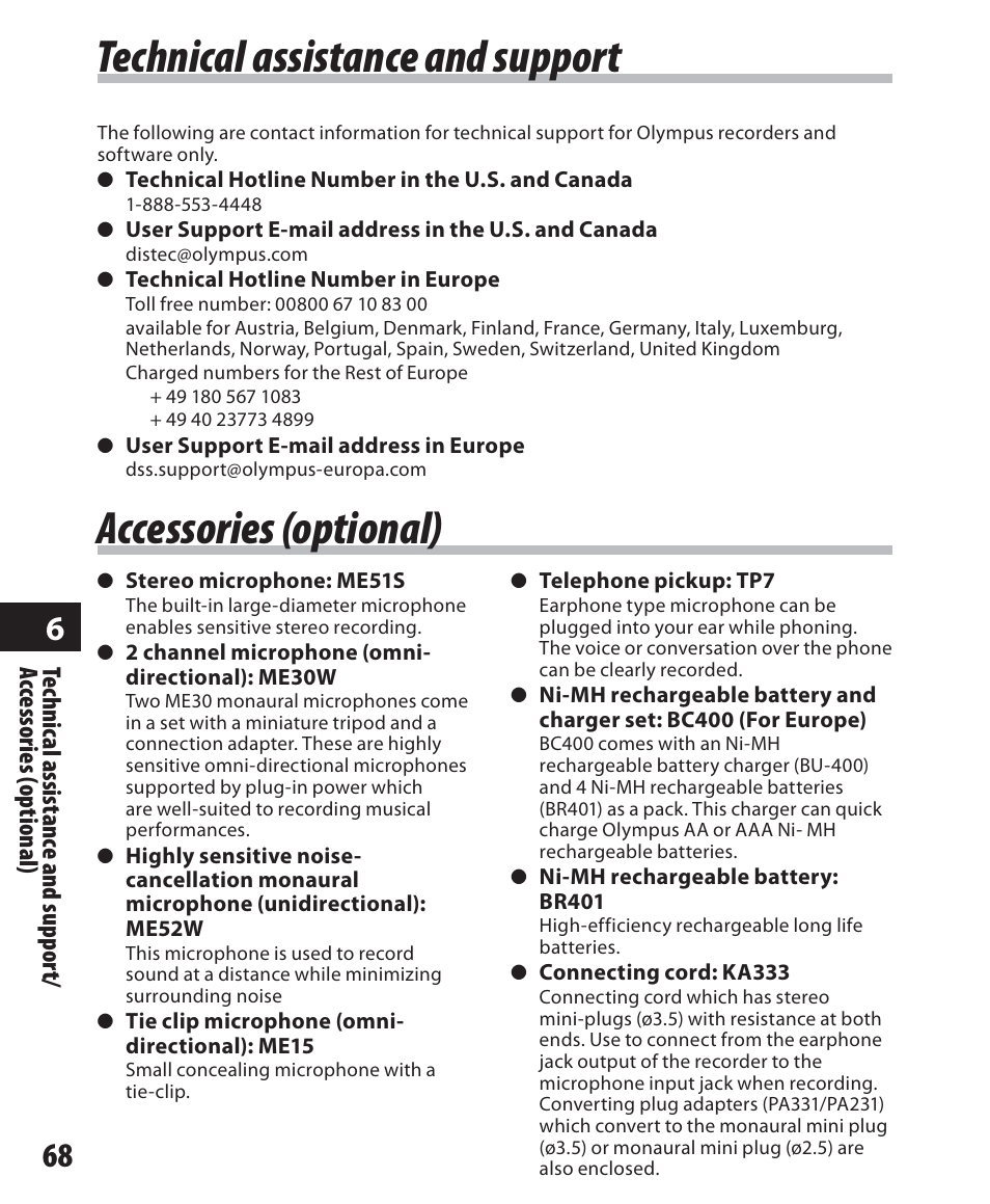 Technical assistance and support, Accessories (optional) | Olympus WS-500M User Manual | Page 68 / 72