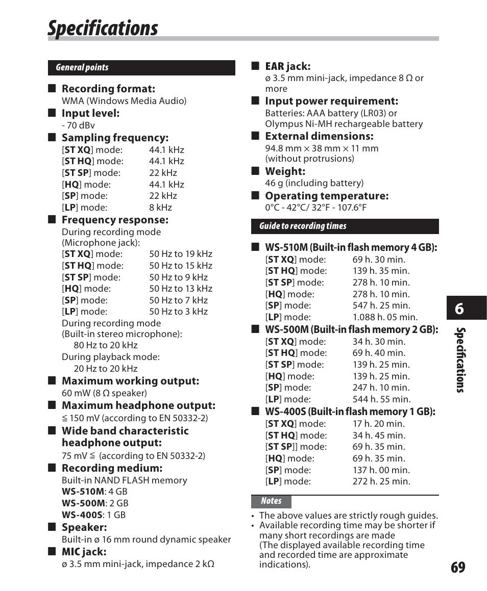 Specifications, Sp ecifi c a tions | Olympus WS-500M User Manual | Page 69 / 72