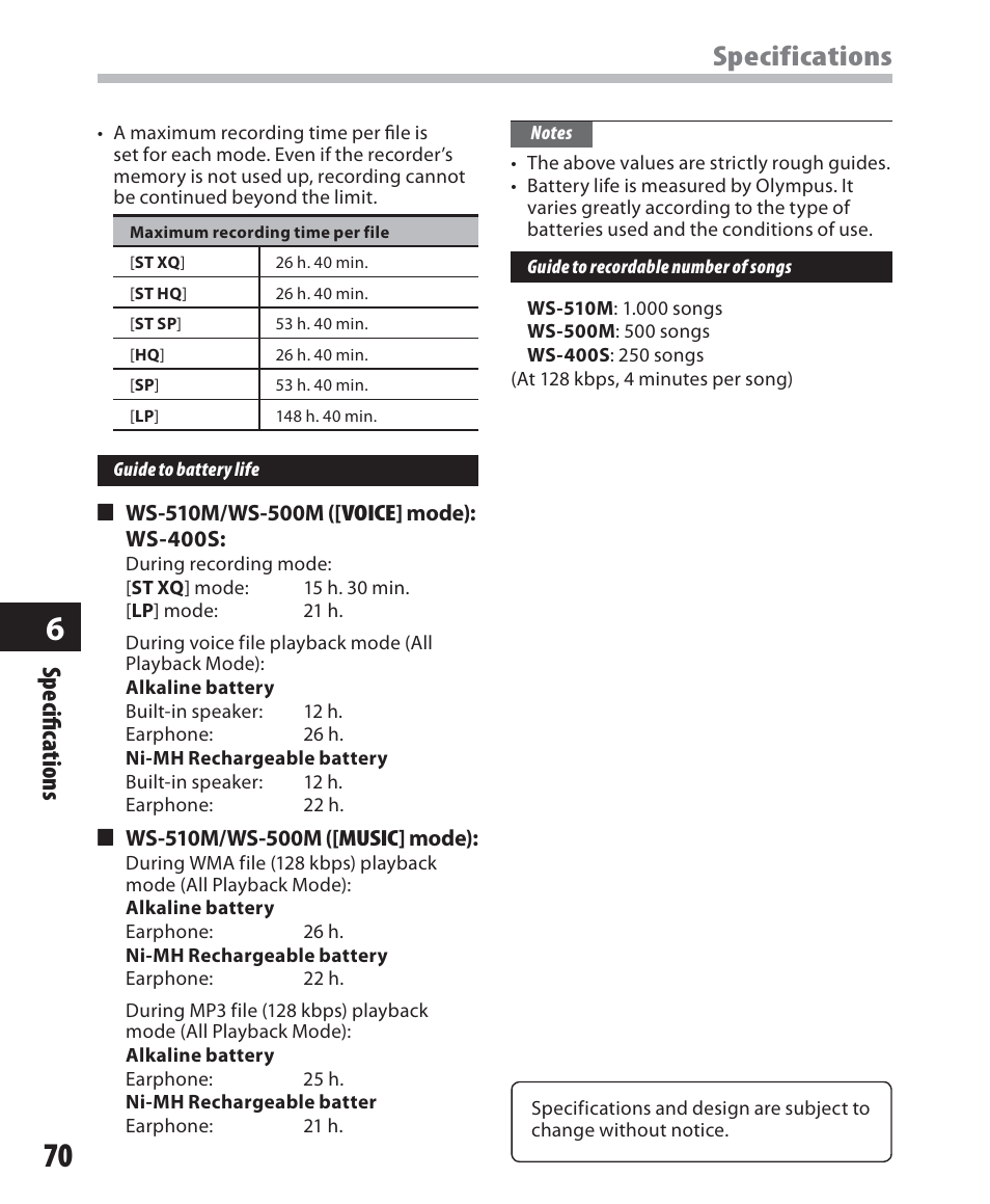 Specifications, Sp ecifi c a tions | Olympus WS-500M User Manual | Page 70 / 72