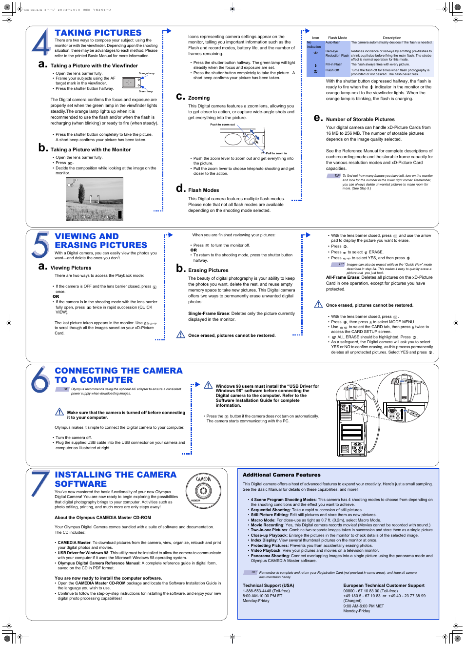Viewing and erasing pictures, Taking pictures, Installing the camera software | Connecting the camera to a computer | Olympus C-350Zoom User Manual | Page 2 / 2
