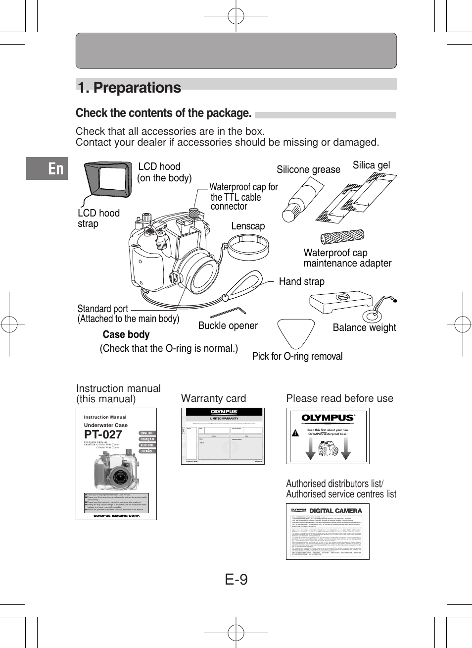 E-9 1. preparations, Check the contents of the package, Pt-027 | Olympus PT-027 User Manual | Page 10 / 180