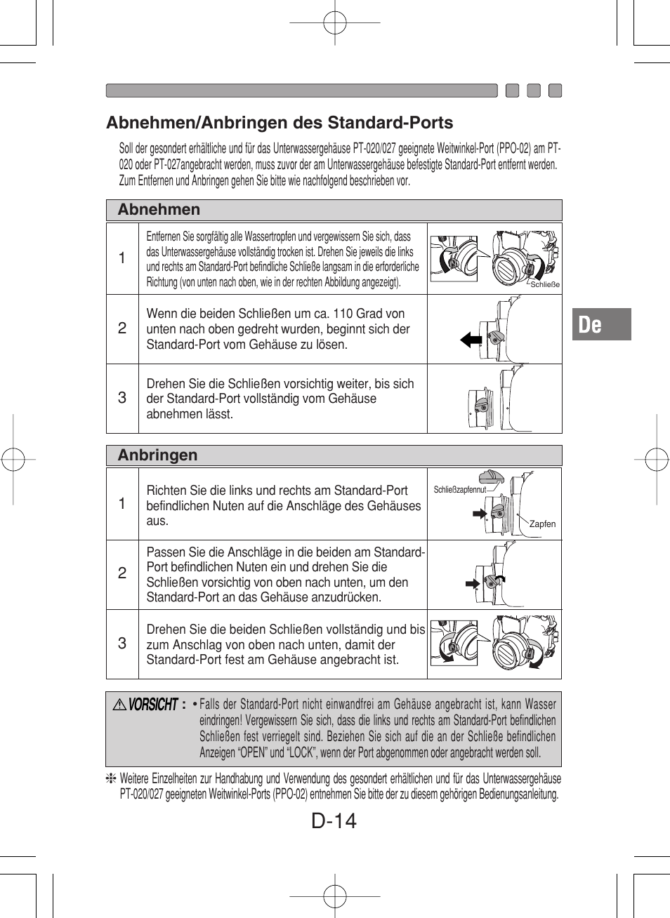 D-14, Vorsicht, Abnehmen/anbringen des standard-ports | Olympus PT-027 User Manual | Page 103 / 180