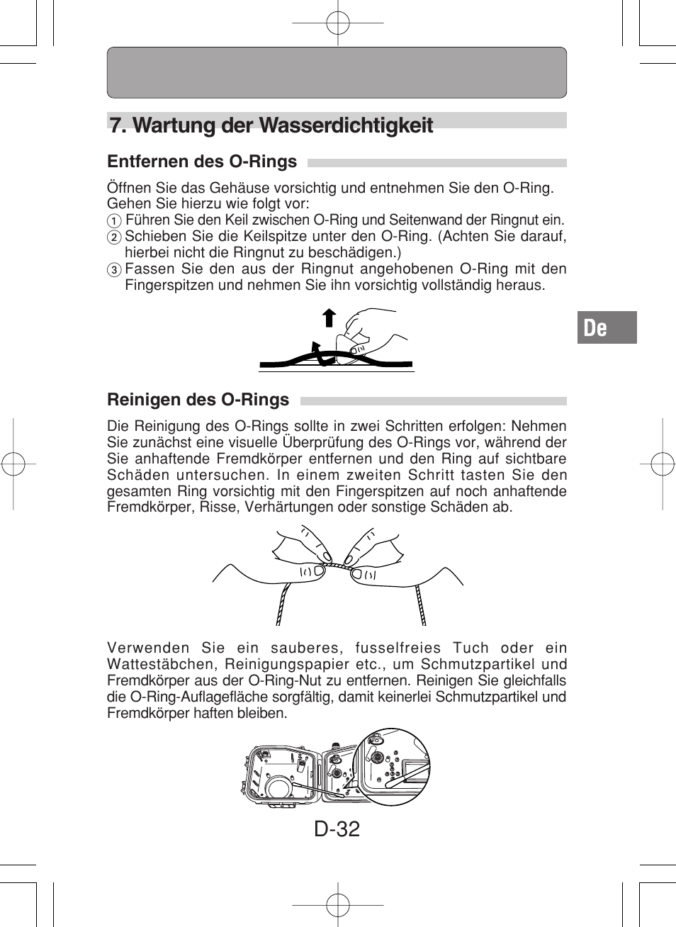 D-32, Wartung der wasserdichtigkeit | Olympus PT-027 User Manual | Page 121 / 180