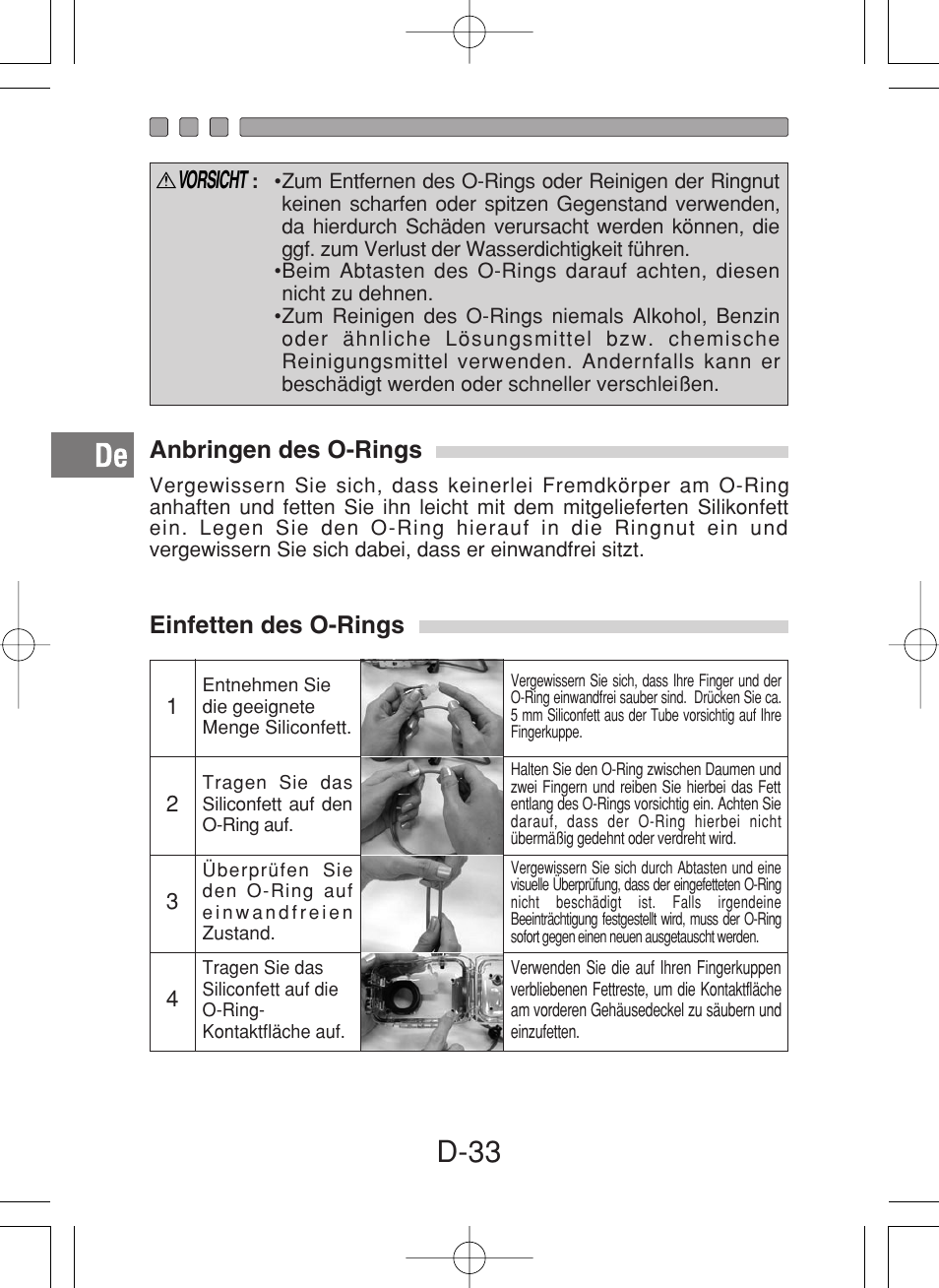 D-33, Vorsicht | Olympus PT-027 User Manual | Page 122 / 180