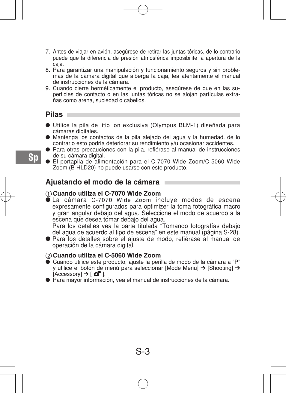 Pilas, Ajustando el modo de la cámara | Olympus PT-027 User Manual | Page 136 / 180