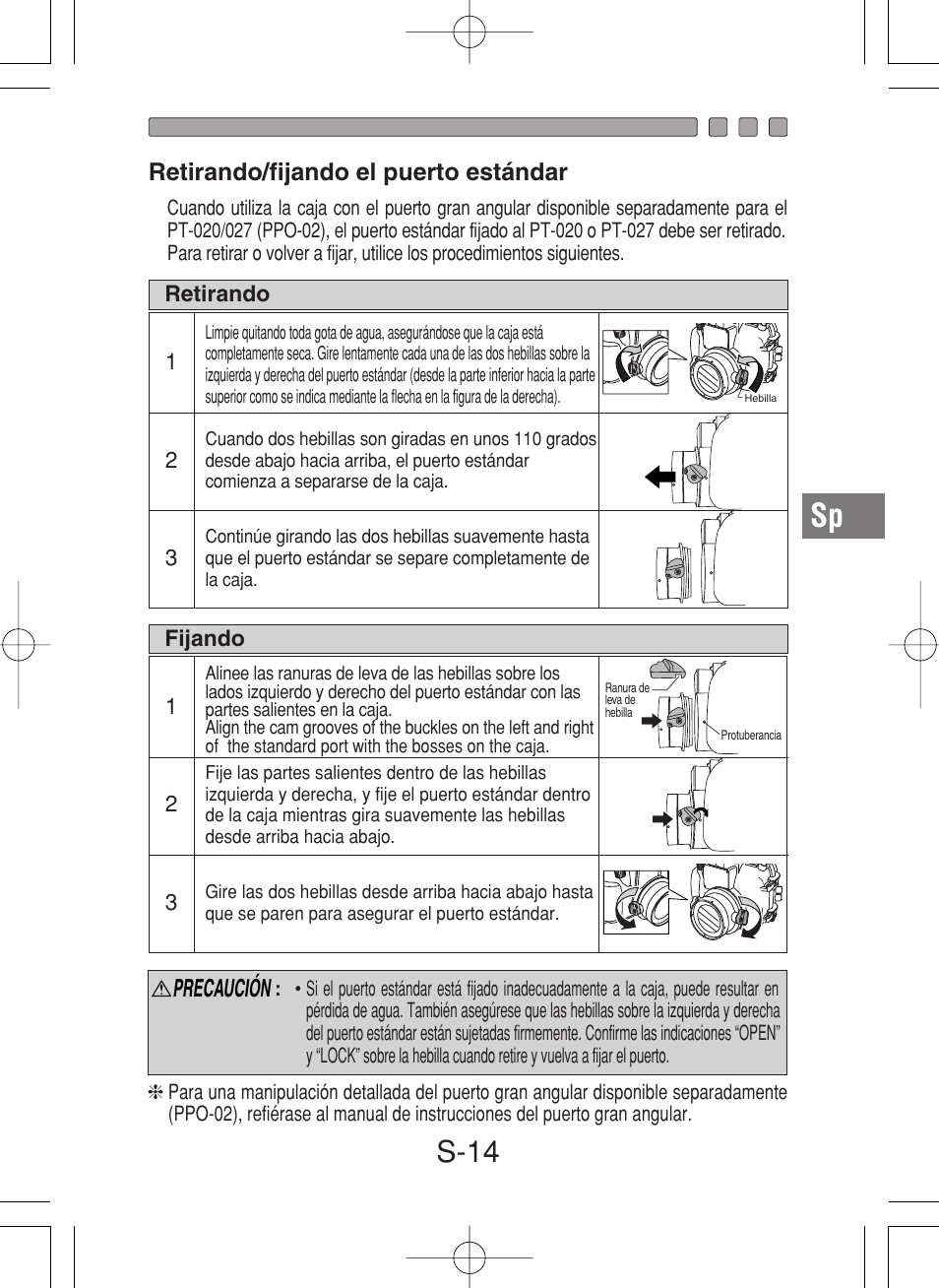 S-14, Precaución, Retirando/fijando el puerto estándar | Olympus PT-027 User Manual | Page 147 / 180