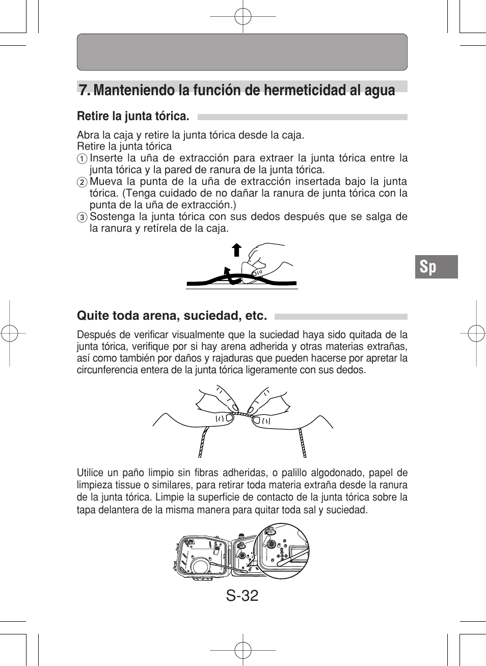 S-32, Manteniendo la función de hermeticidad al agua | Olympus PT-027 User Manual | Page 165 / 180