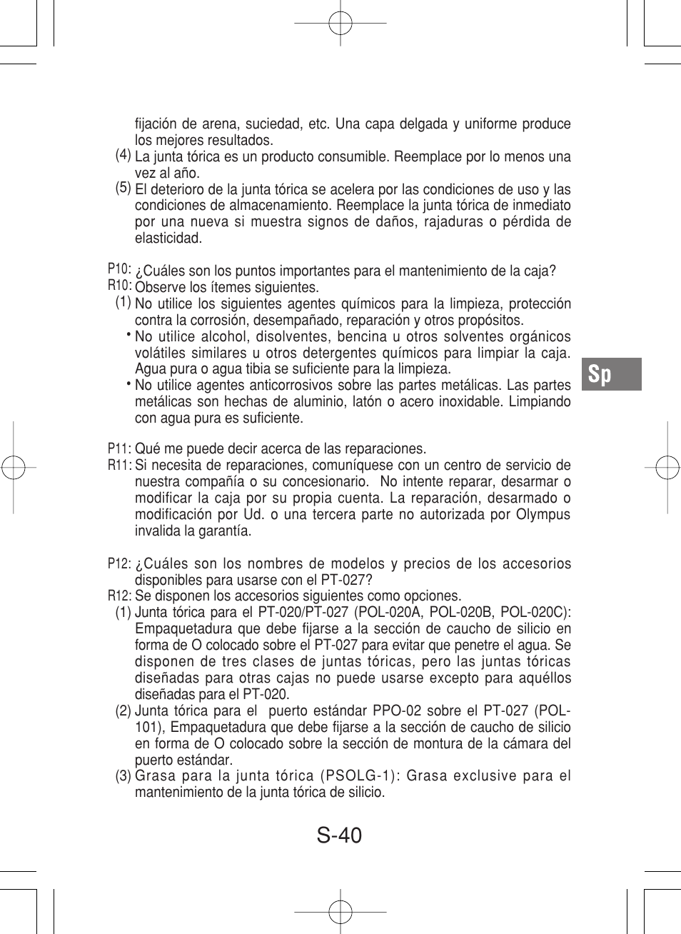 S-40 | Olympus PT-027 User Manual | Page 173 / 180