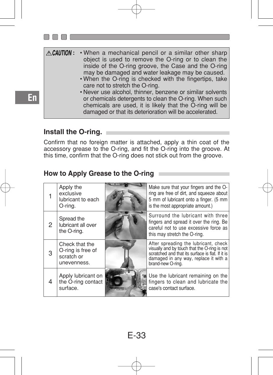E-33, Caution | Olympus PT-027 User Manual | Page 34 / 180