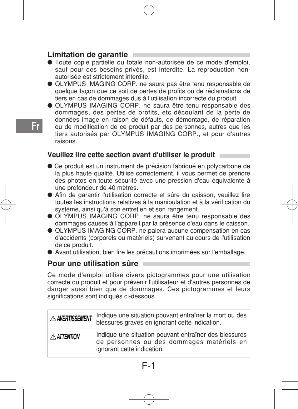 Avertissement attention | Olympus PT-027 User Manual | Page 46 / 180
