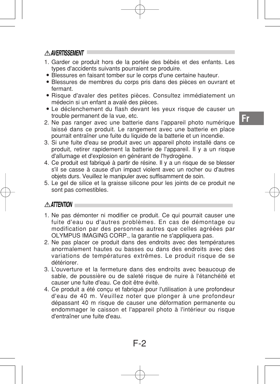 Avertissement attention | Olympus PT-027 User Manual | Page 47 / 180