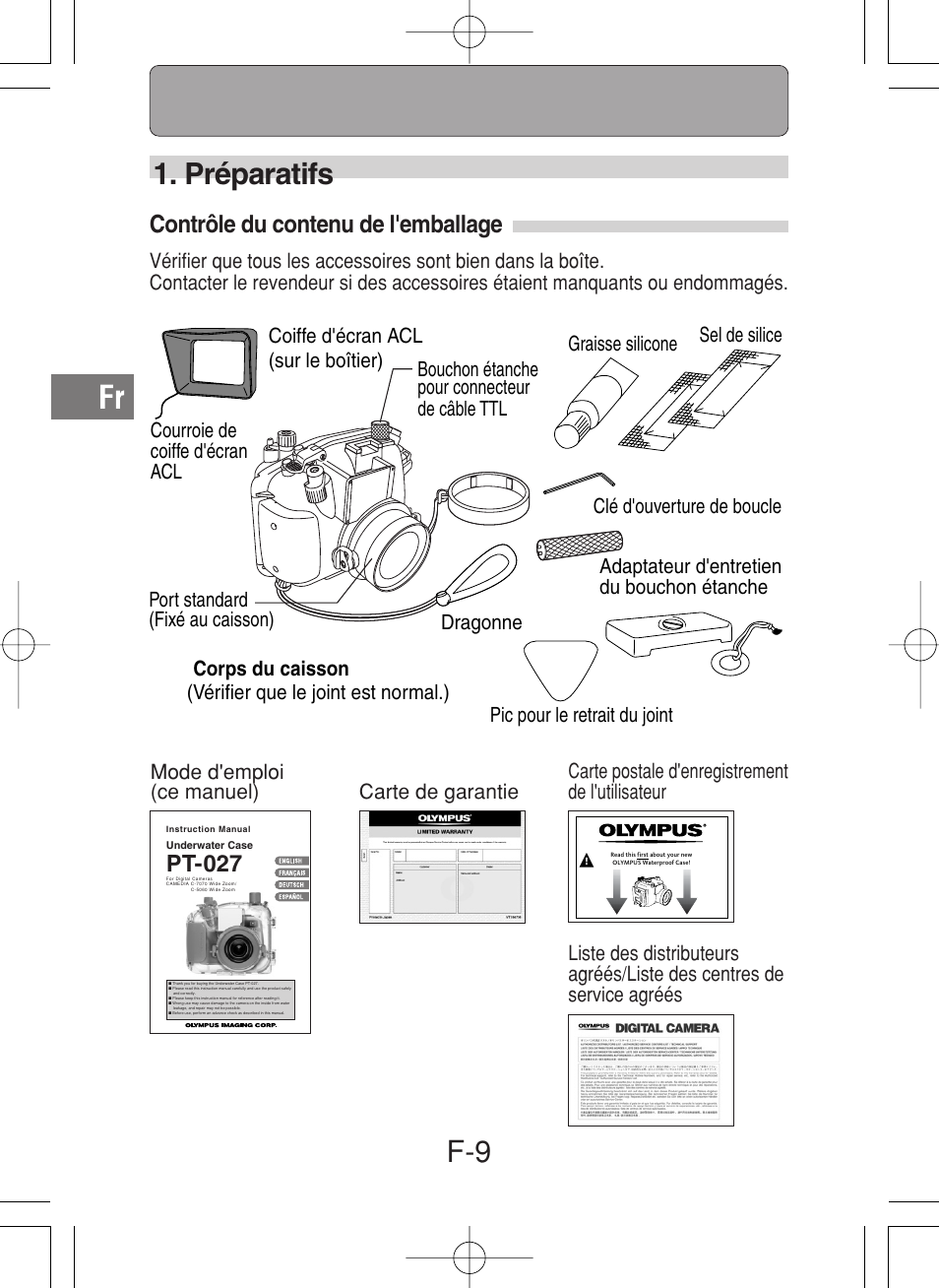 F-9 1. préparatifs, Contrôle du contenu de l'emballage, Pt-027 | Olympus PT-027 User Manual | Page 54 / 180