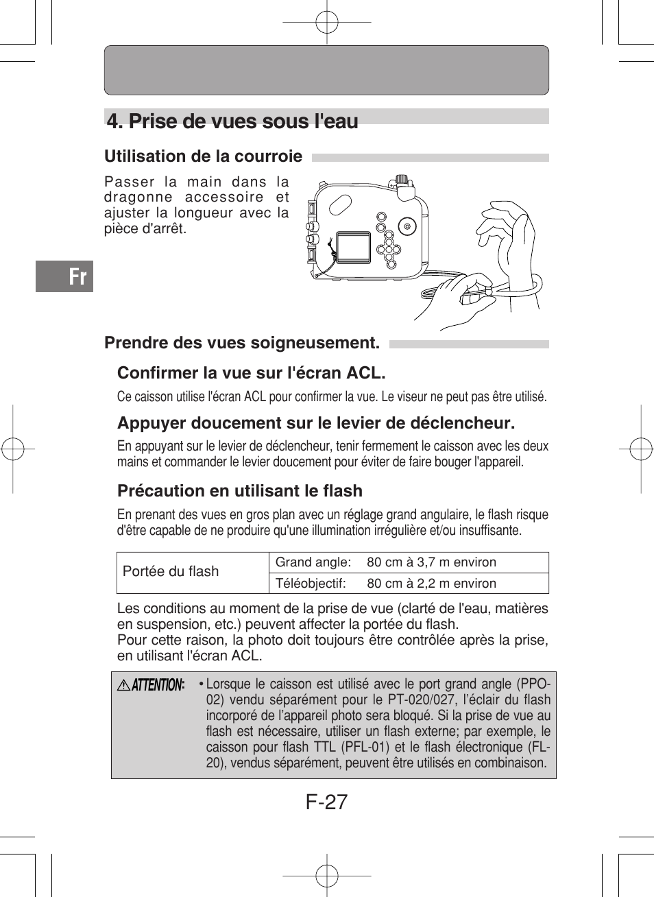 F-27, Prise de vues sous l'eau | Olympus PT-027 User Manual | Page 72 / 180