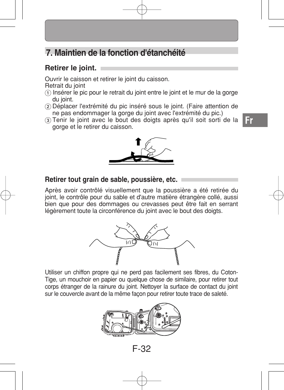 F-32, Maintien de la fonction d'étanchéité | Olympus PT-027 User Manual | Page 77 / 180