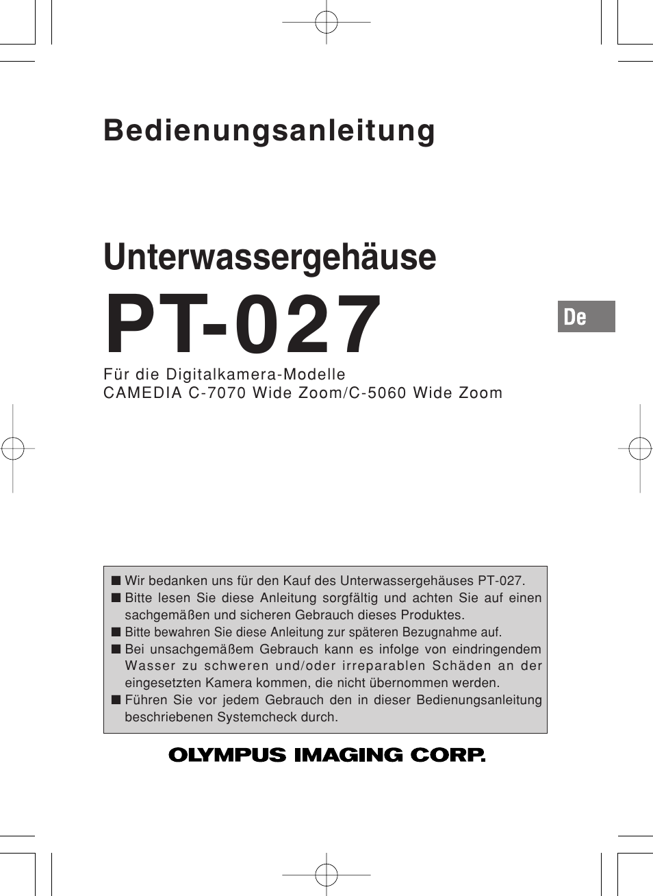 Pt-027, Unterwassergehäuse, Bedienungsanleitung | Olympus PT-027 User Manual | Page 89 / 180