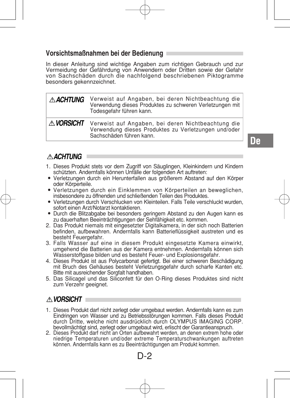 Achtung, Achtung vorsicht, Vorsicht | Vorsichtsmaßnahmen bei der bedienung | Olympus PT-027 User Manual | Page 91 / 180