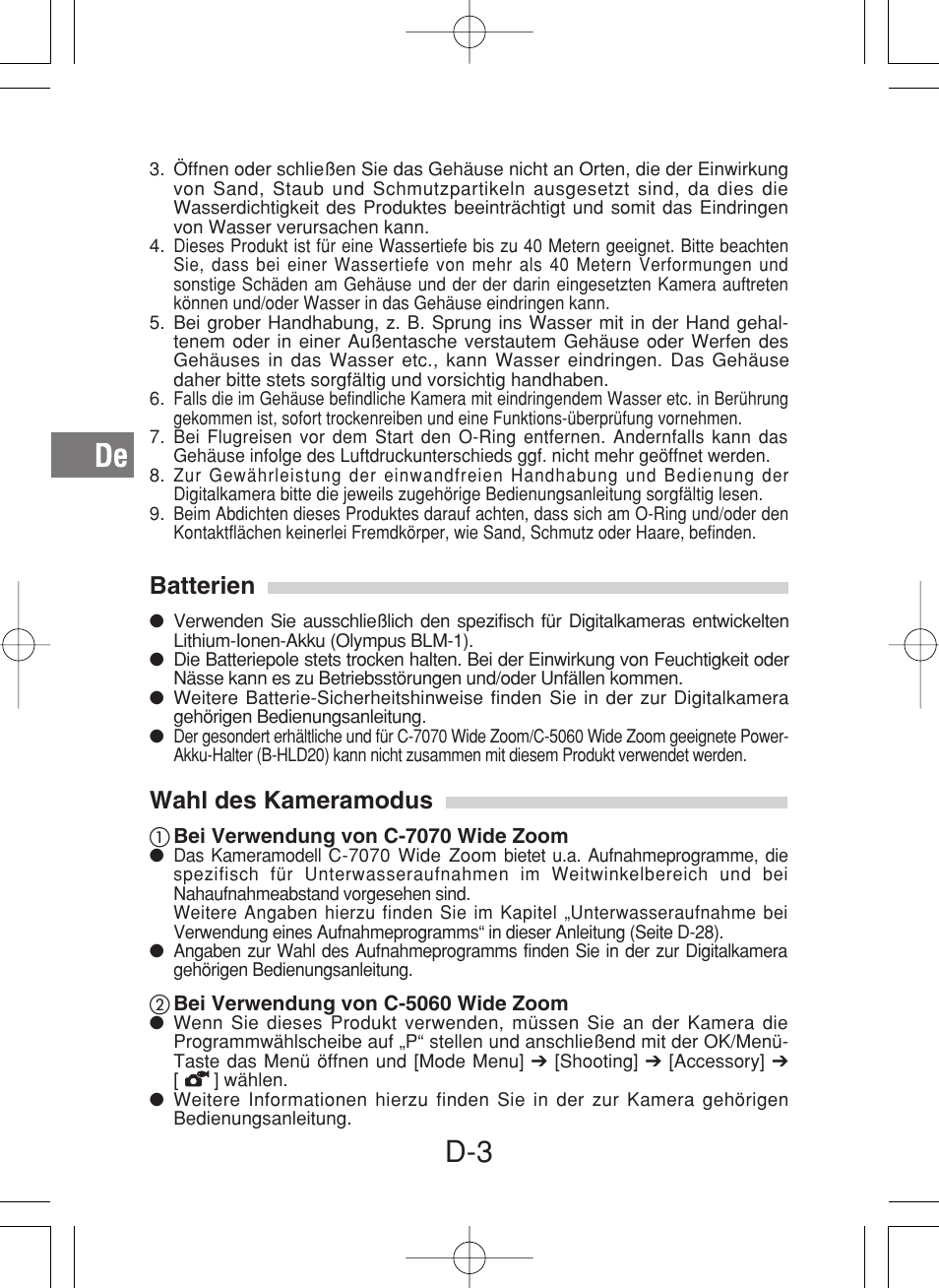 Batterien, Wahl des kameramodus | Olympus PT-027 User Manual | Page 92 / 180