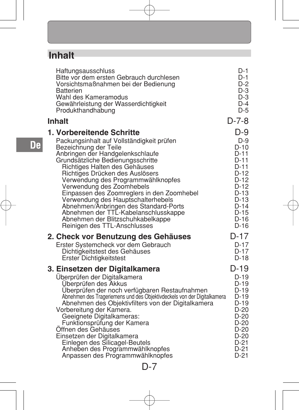 Inhalt, D-7-8, D-17 | D-19 | Olympus PT-027 User Manual | Page 96 / 180