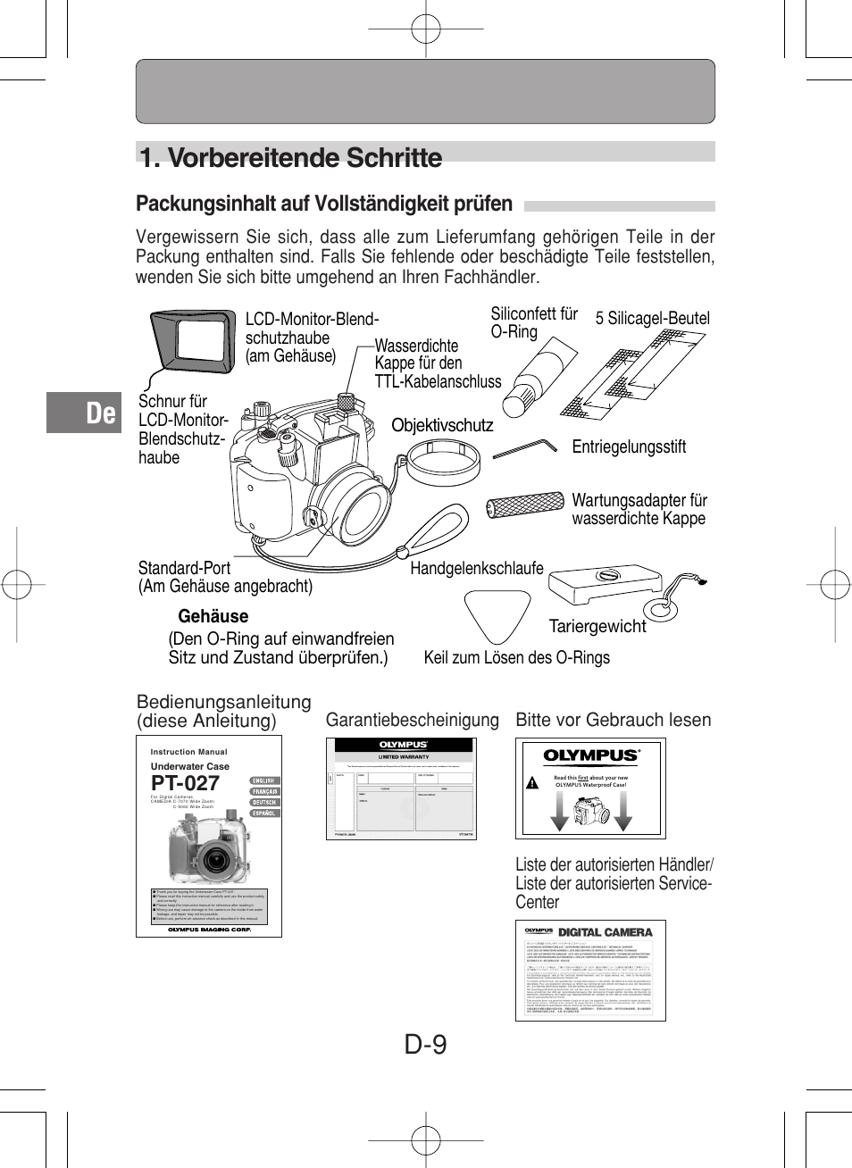 D-9 1. vorbereitende schritte, Packungsinhalt auf vollständigkeit prüfen, Pt-027 | Olympus PT-027 User Manual | Page 98 / 180