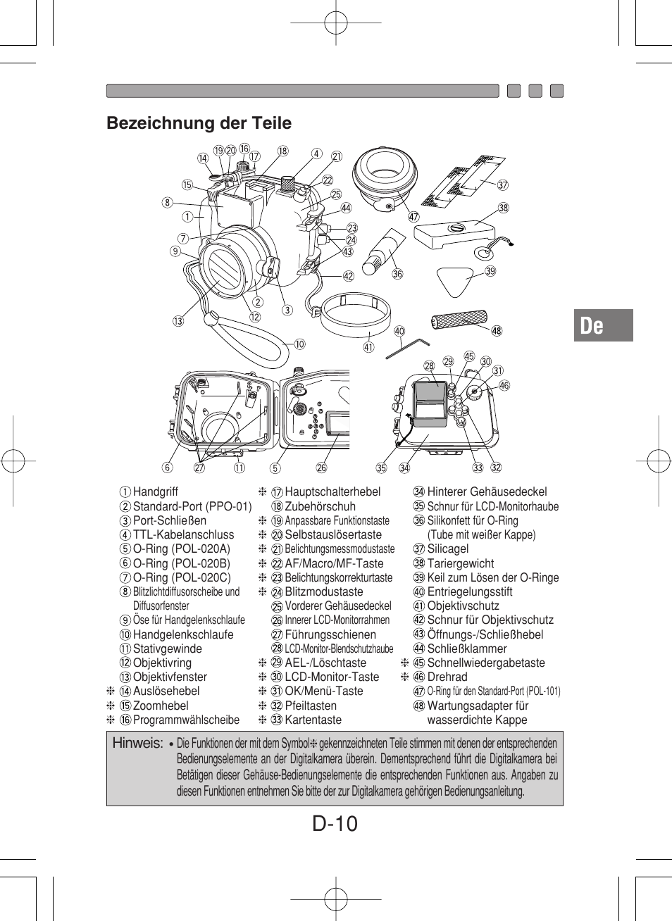 D-10, Bezeichnung der teile | Olympus PT-027 User Manual | Page 99 / 180