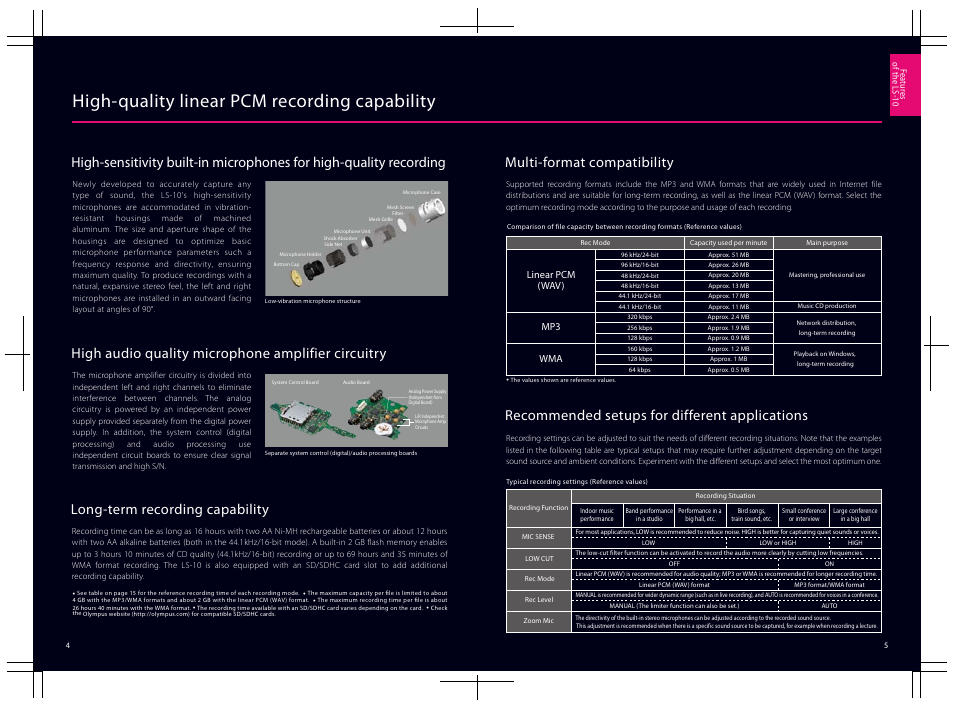Guide_04-05_e, High-quality linear pcm recording capability, Long-term recording capability | Recommended setups for different applications, Multi-format compatibility, High audio quality microphone amplifier circuitry | Olympus LS-10 User Manual | Page 3 / 8