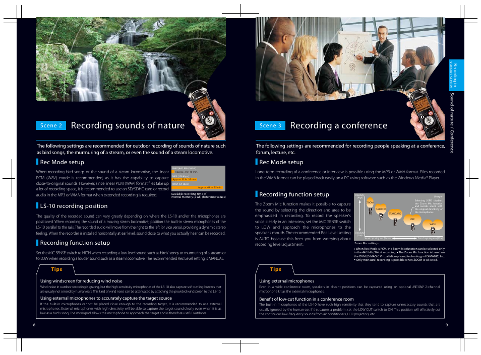 Guide_08-09_e, Recording sounds of nature, Recording a conference | Rec mode setup, Recording function setup, Ls-10 recording position, Rec mode setup | recording function setup | Olympus LS-10 User Manual | Page 5 / 8