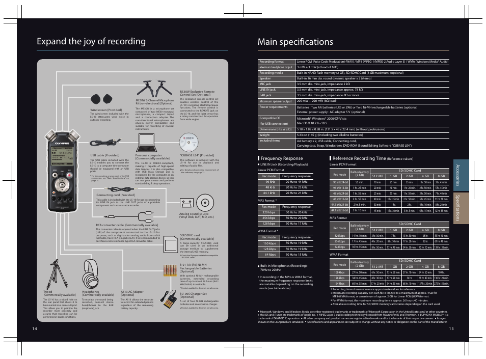 Expand the joy of recording main specifications | Olympus LS-10 User Manual | Page 8 / 8