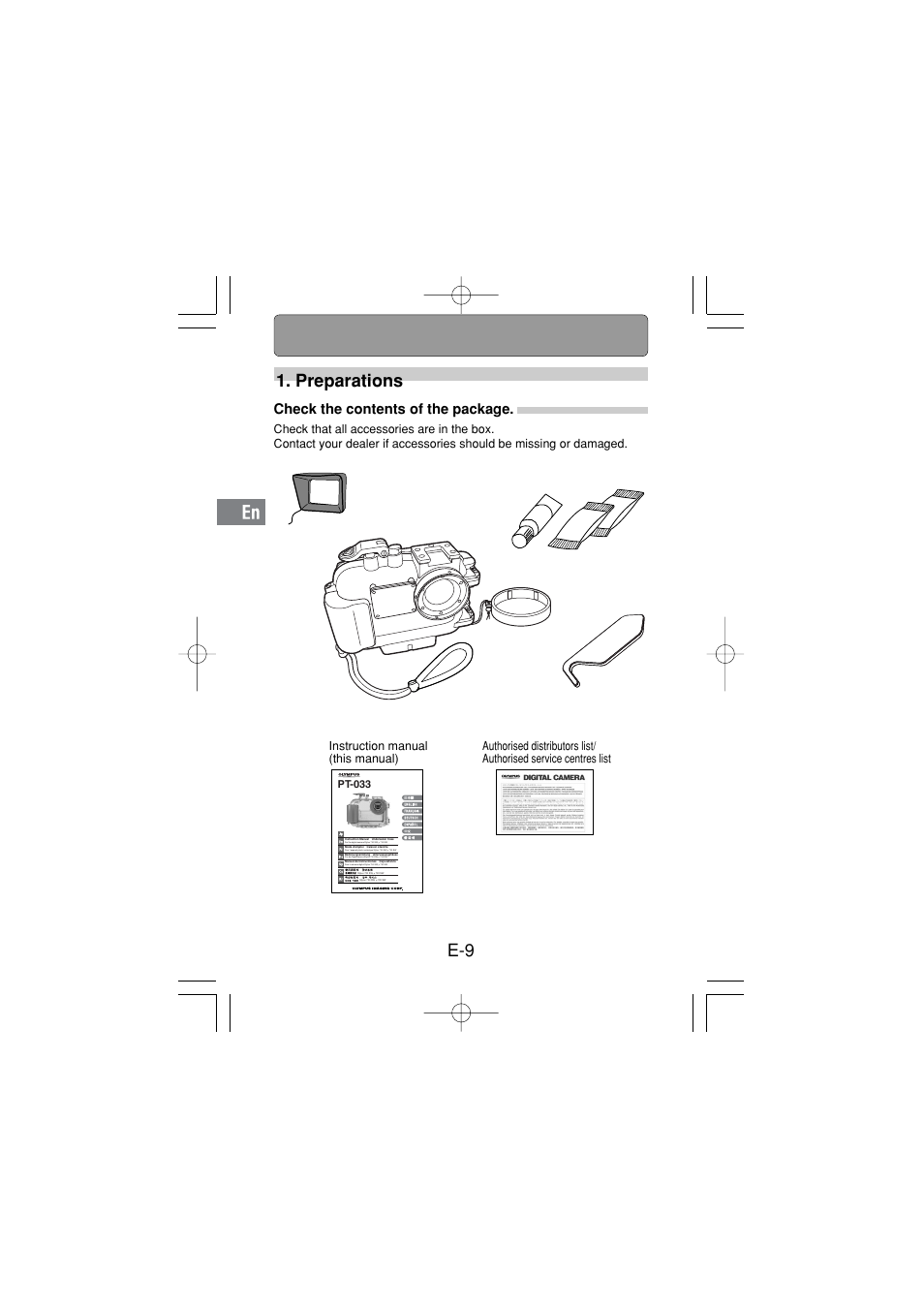 Preparations, Check the contents of the package, E-9 1. preparations | Pt-033 | Olympus PT 033 User Manual | Page 10 / 44