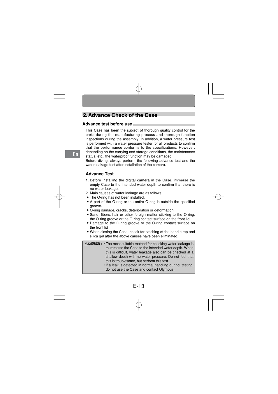 Advance test before use, Advance test, E-13 2. advance check of the case | Olympus PT 033 User Manual | Page 14 / 44