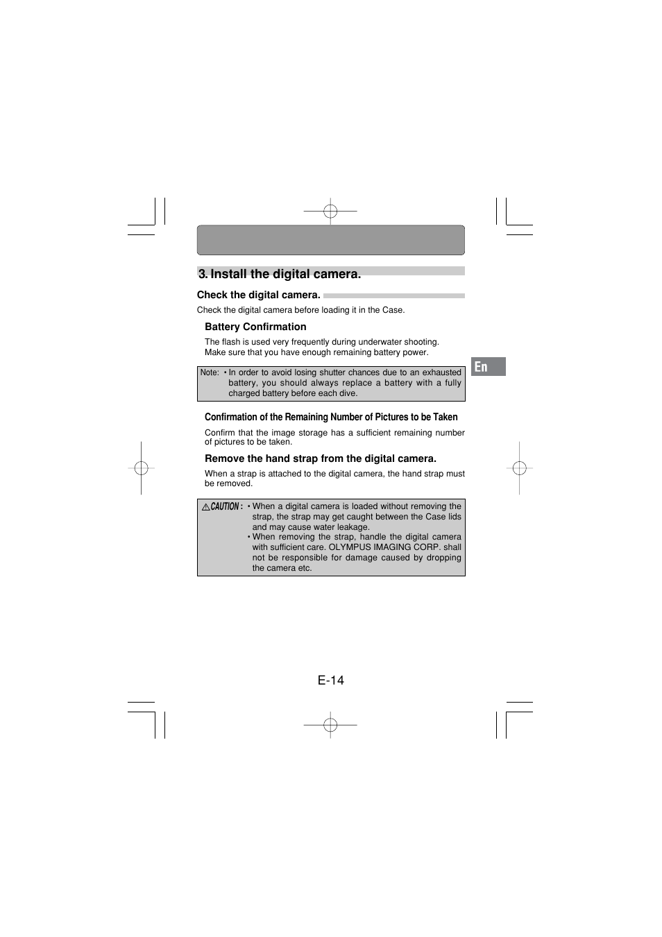Install the digital camera, Check the digital camera, E-14 3. install the digital camera | Olympus PT 033 User Manual | Page 15 / 44