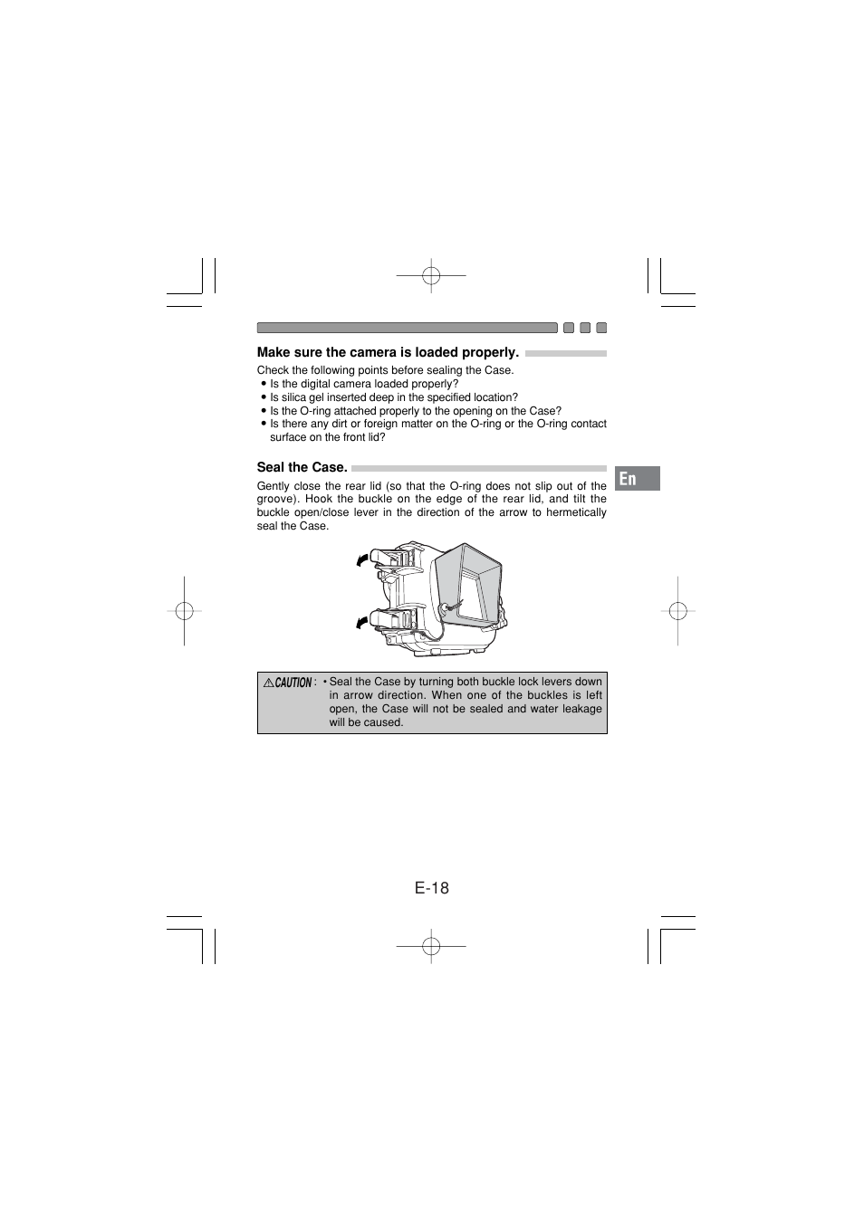 Make sure the camera is loaded properly, Seal the case, E-18 | Olympus PT 033 User Manual | Page 19 / 44