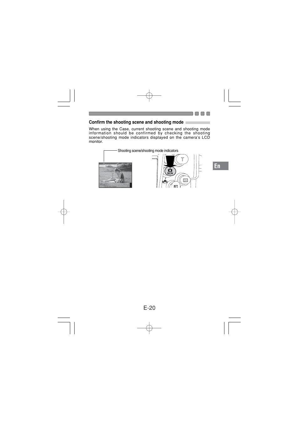 Confirm the shooting scene and shooting mode, Installation and removal of the lcd hood, E-20 | Olympus PT 033 User Manual | Page 21 / 44