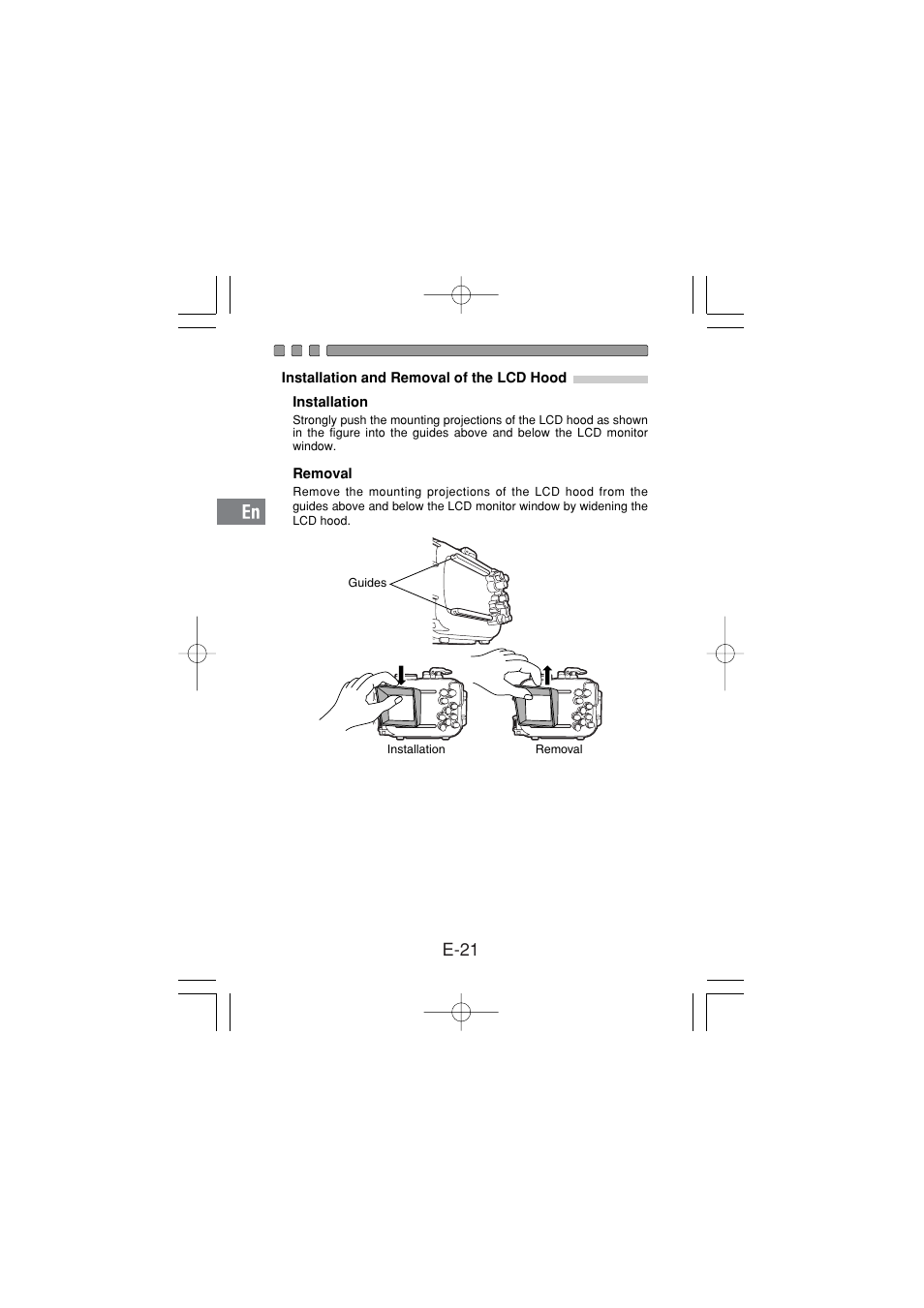 Mounting and removing the lens cap, Perform the final checks, E-21 | Olympus PT 033 User Manual | Page 22 / 44
