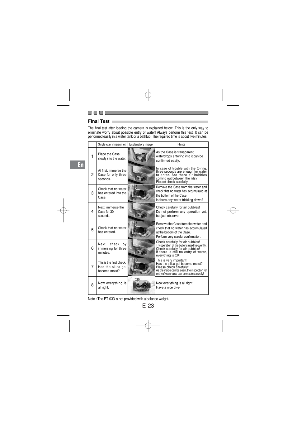 Taking pictures under water, E-23 | Olympus PT 033 User Manual | Page 24 / 44