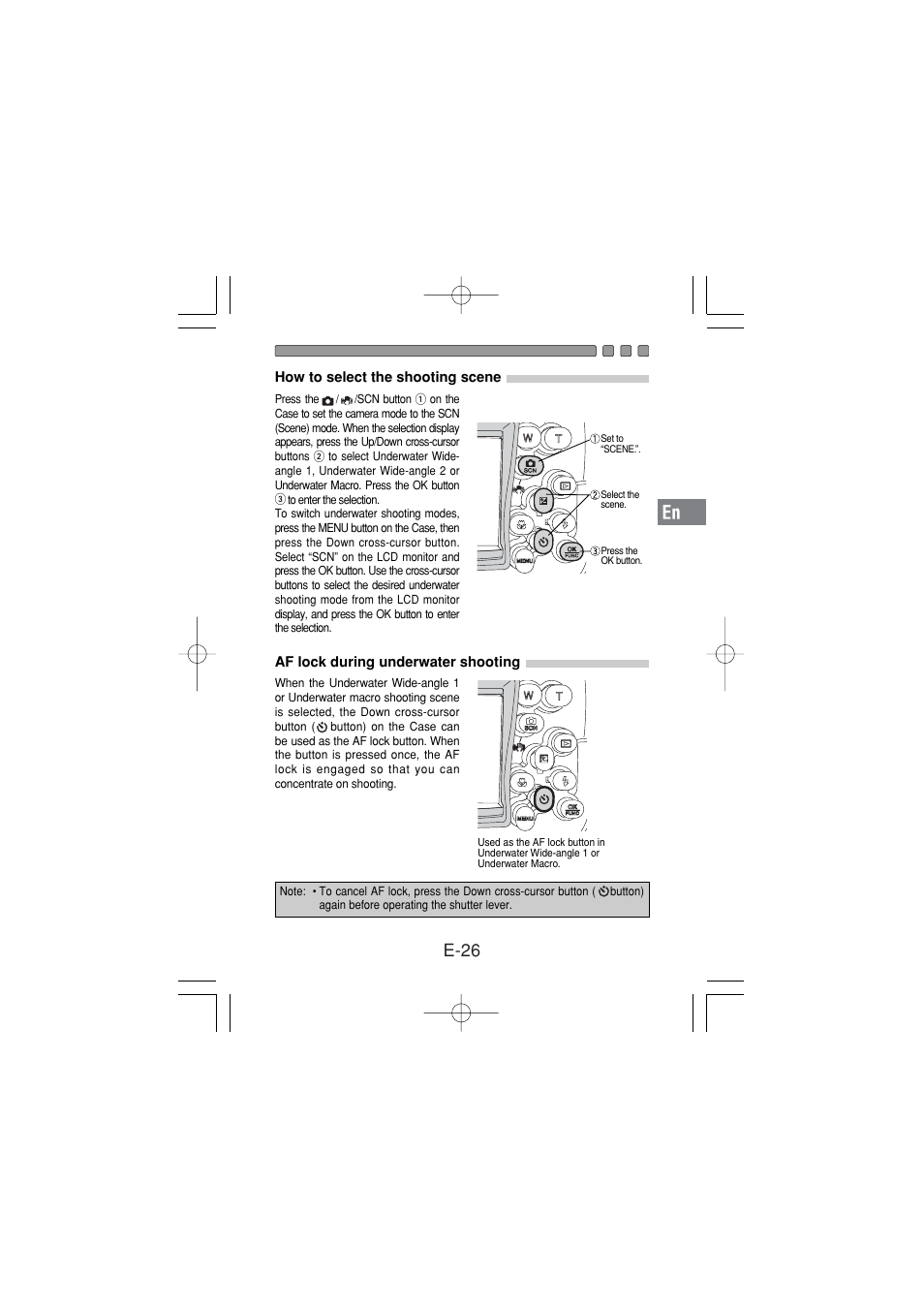 How to select the shooting scene, Af lock during underwater shooting, E-26 | Olympus PT 033 User Manual | Page 27 / 44