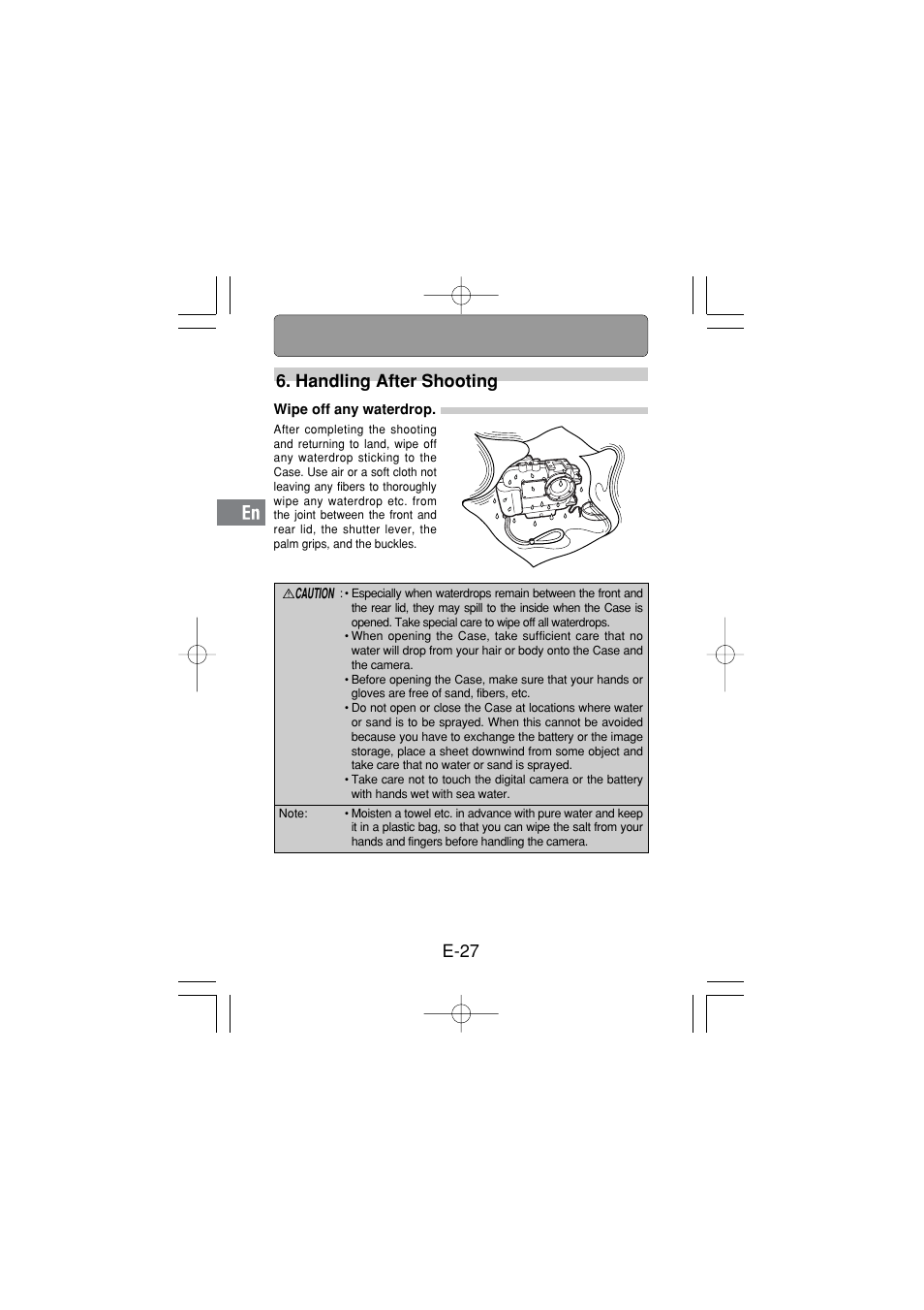 Handling after shooting, Wipe off any waterdrop, E-27 6. handling after shooting | Olympus PT 033 User Manual | Page 28 / 44