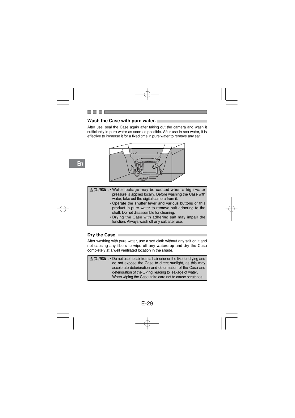 Wash the case with pure water, Dry the case, E-29 | Olympus PT 033 User Manual | Page 30 / 44