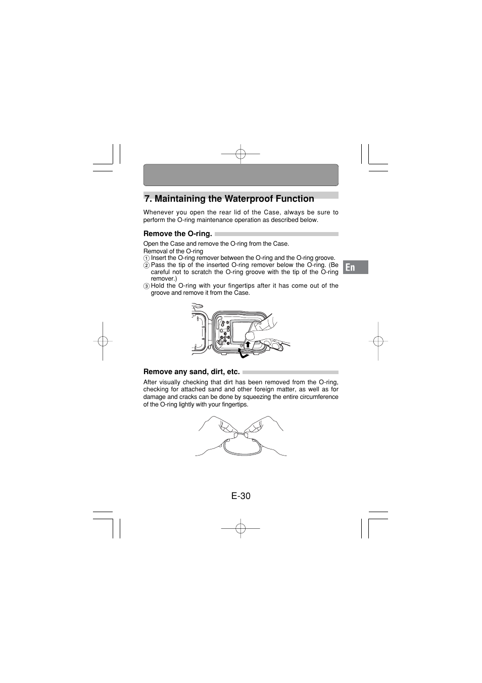 Maintaining the waterproof function, Remove the o-ring, Remove any sand, dirt, etc | E-30 7. maintaining the waterproof function | Olympus PT 033 User Manual | Page 31 / 44