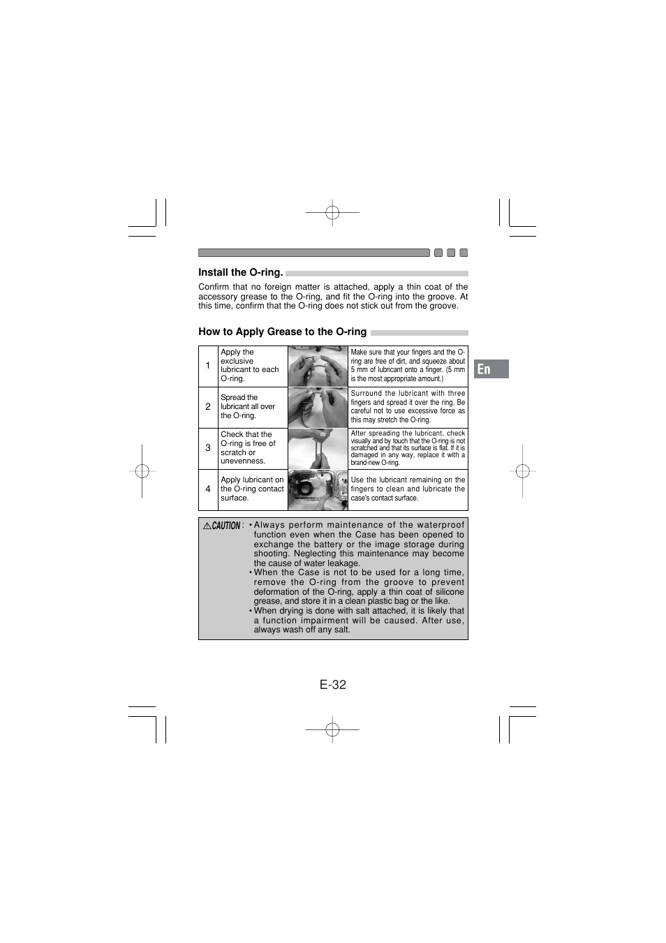 Install the o-ring, How to apply grease to the o-ring, E-32 | Olympus PT 033 User Manual | Page 33 / 44