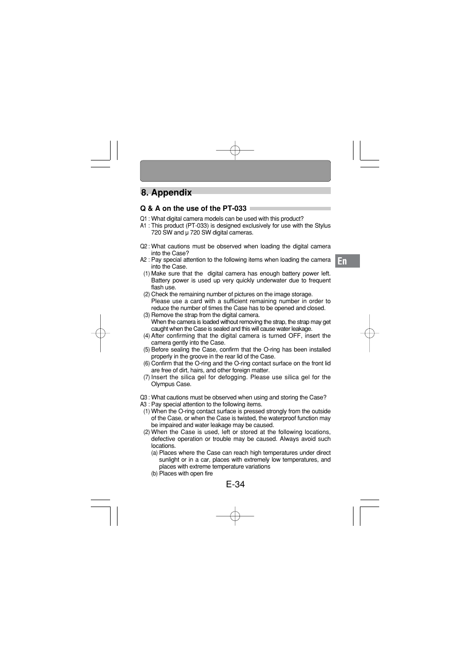 Appendix, Q & a on the use of the pt-033, E-34 8. appendix | Olympus PT 033 User Manual | Page 35 / 44