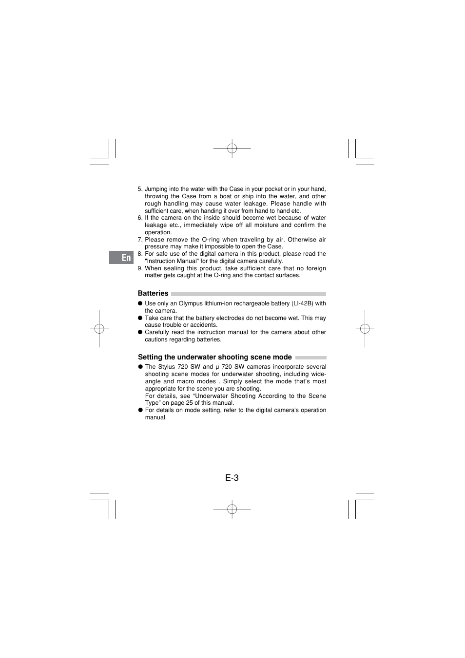 Batteries, Setting the underwater shooting scene mode, For prevention of water leakage accidents | Olympus PT 033 User Manual | Page 4 / 44